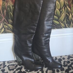 Black Leather Knee-High Boots With Chunky Lucite Heel